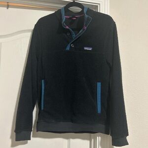 patagonia shearling fleece button up pullover in pitch blue
